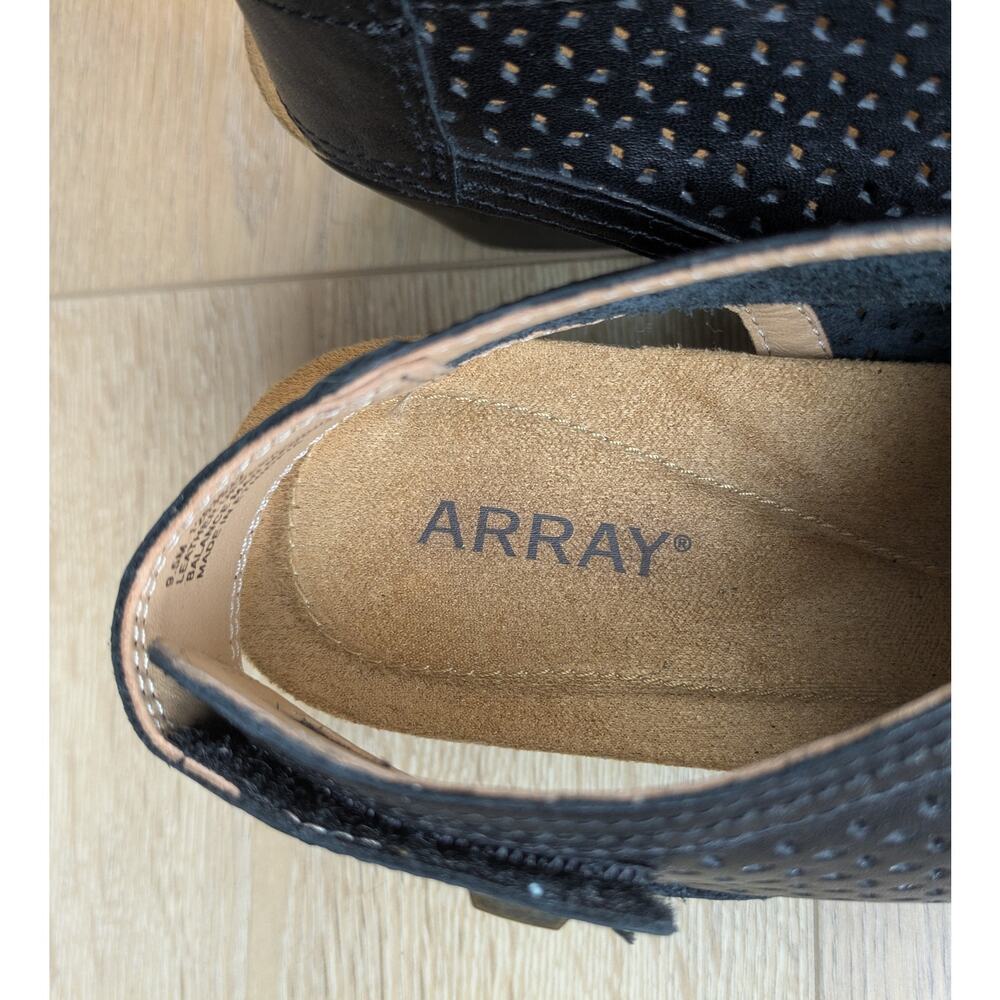 Array Leather Ankle Sandals Black 9.5 Laser Cut Block Heel Peep Toe Comfort NEW - Picture 7 of 12